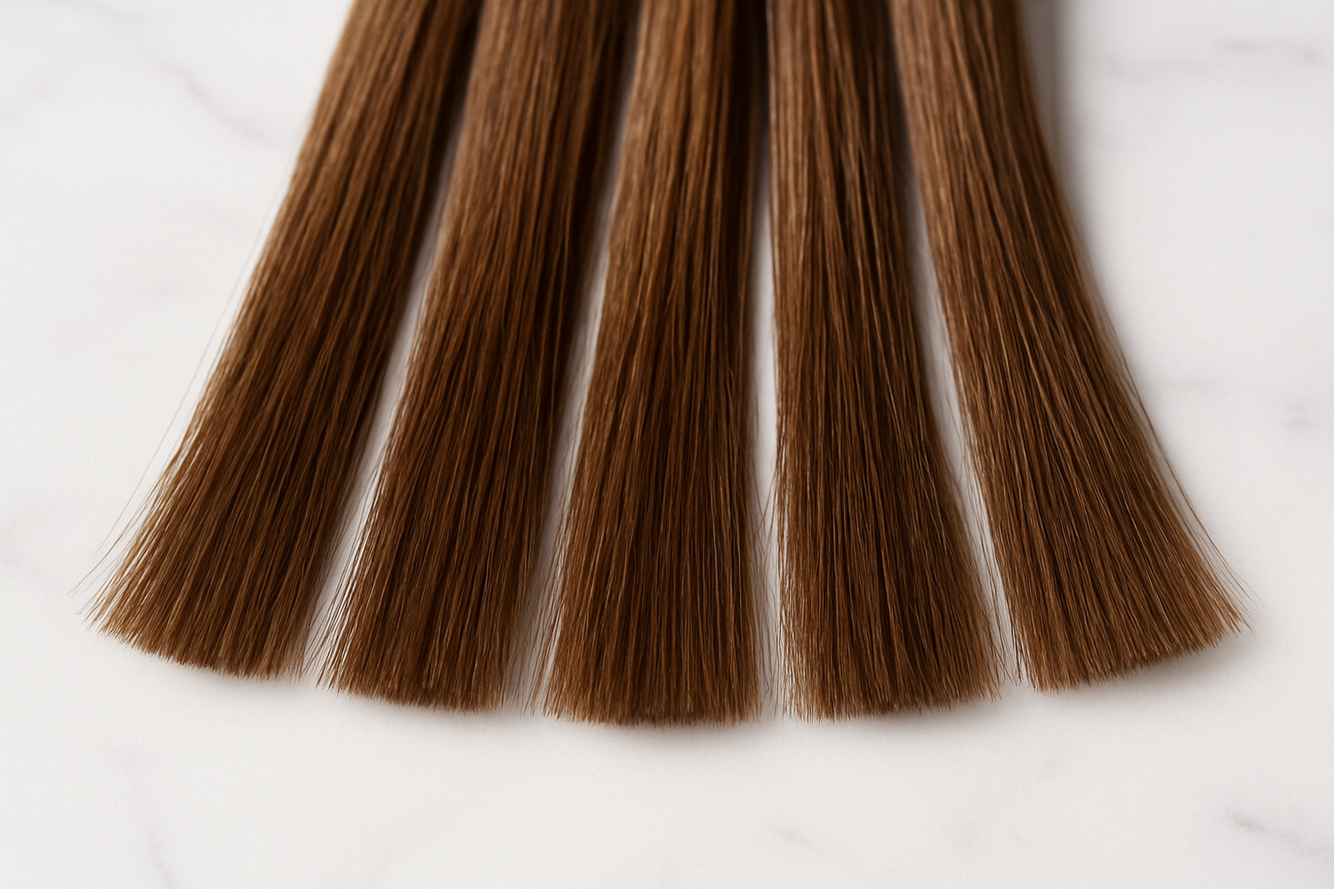 Close-up of multiple individual hair extension strands, focusing only on the bottom ends / tips of the hair, not the top or bonding area. The ends should be full, dense, straight, and clearly visible, with realistic texture and natural shine. Strands are separate and slightly fanned out to highlight the tips. Soft top lighting. Background: white marble. High-resolution, professional product photography style.