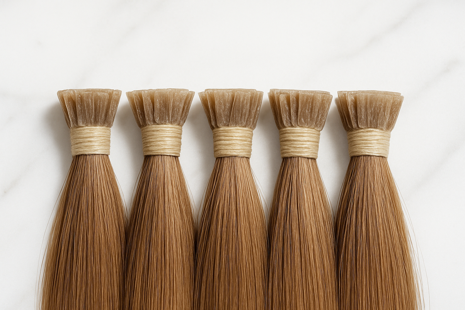 Close-up photo of hair extensions (bondings), showing only the top part where the flat keratin bond is attached. Focus on the bonding connection, detailed and realistic texture. White marble background, professional product photo style, high resolution, bright lighting