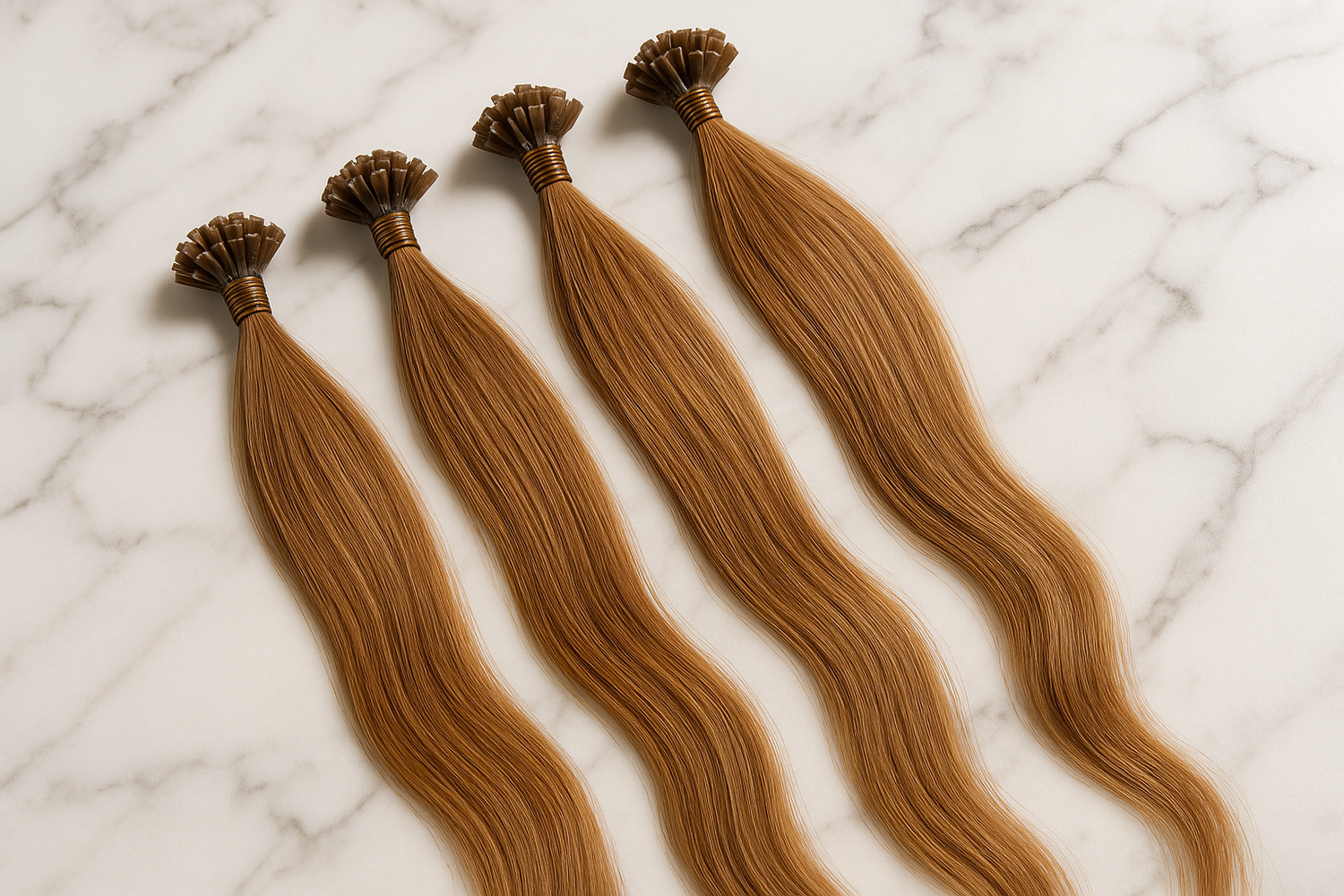 erstelle mir ein bild von echthaar extensions als bondings auf einem weissen marmortisch 